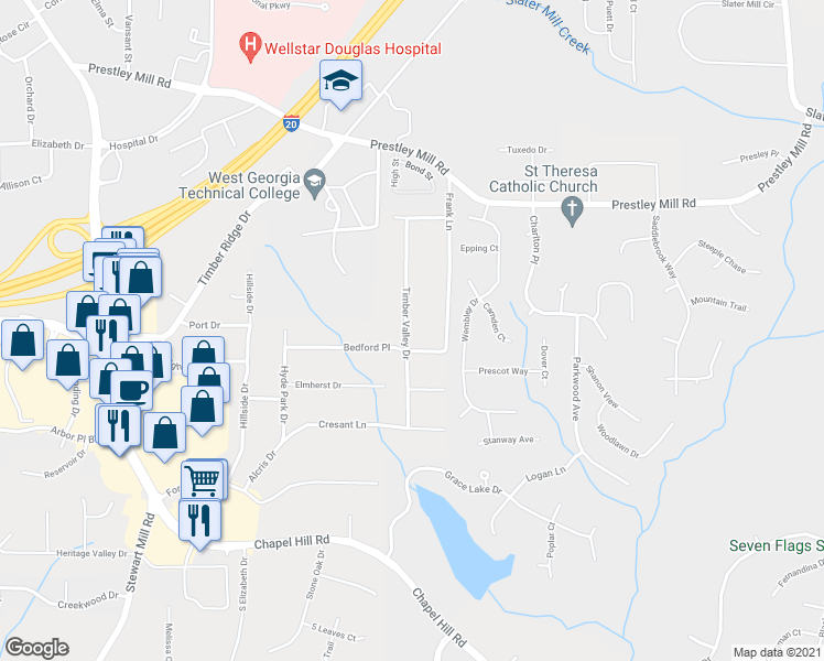 map of restaurants, bars, coffee shops, grocery stores, and more near 2766 Timber Valley Drive in Douglasville
