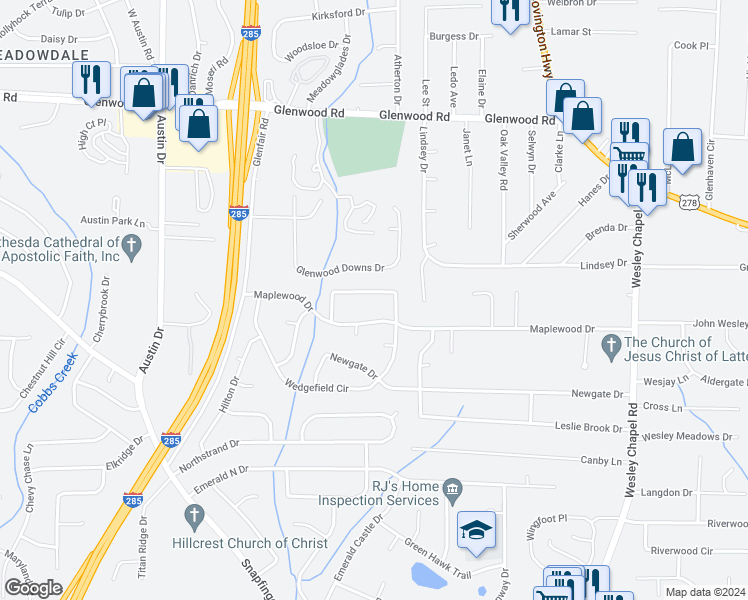 map of restaurants, bars, coffee shops, grocery stores, and more near 1968 Copperfield Circle in Decatur