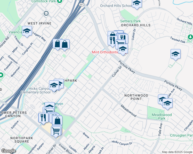 map of restaurants, bars, coffee shops, grocery stores, and more near 19 Riverside in Irvine