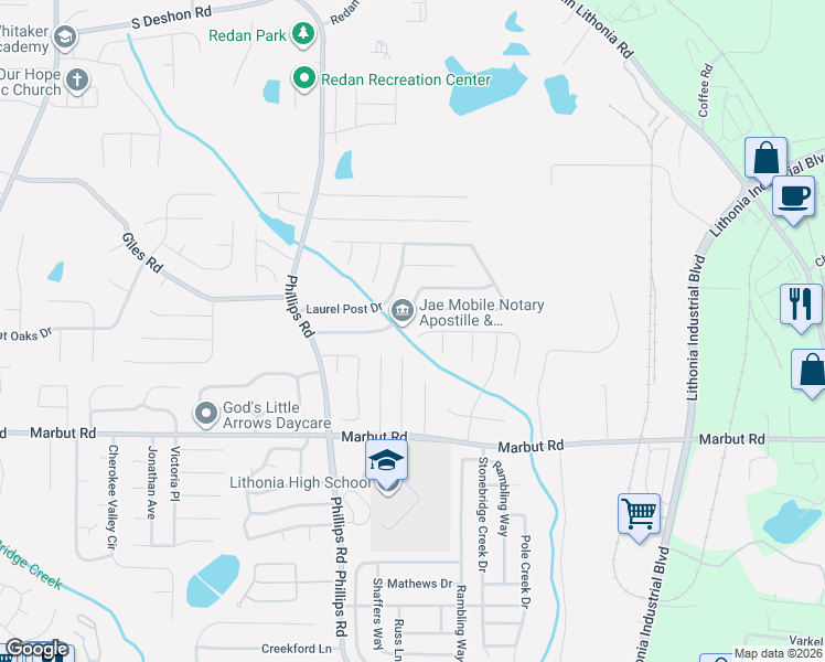 map of restaurants, bars, coffee shops, grocery stores, and more near 6365 Phillips Creek Drive in Lithonia