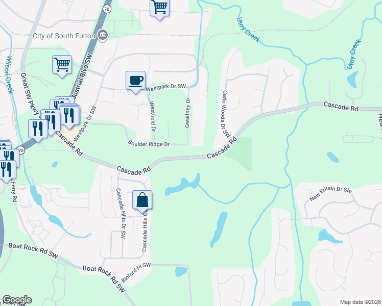 map of restaurants, bars, coffee shops, grocery stores, and more near 5625 Cascade Road in Atlanta