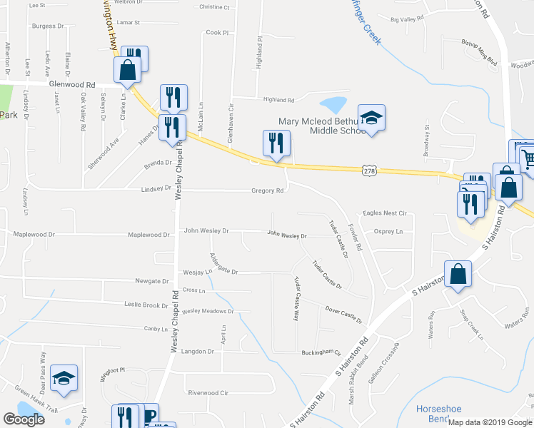 map of restaurants, bars, coffee shops, grocery stores, and more near 2033 Buckingham Court in Decatur