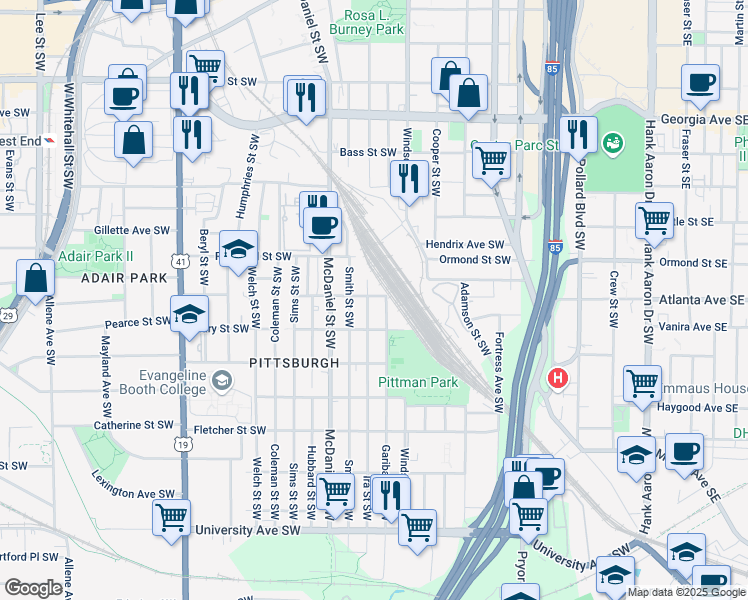 map of restaurants, bars, coffee shops, grocery stores, and more near 900 Ira Street Southwest in Atlanta
