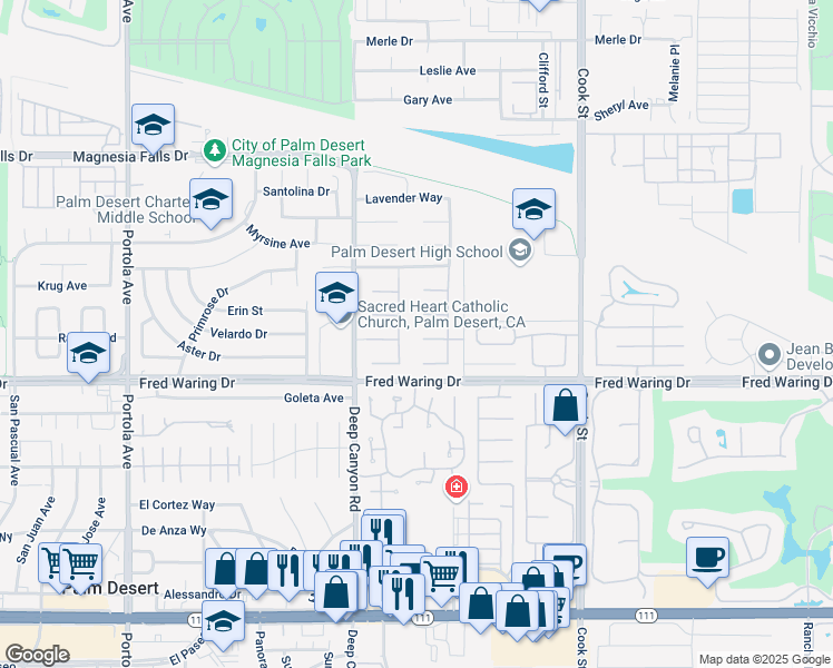 map of restaurants, bars, coffee shops, grocery stores, and more near 68 Rocio Court in Palm Desert