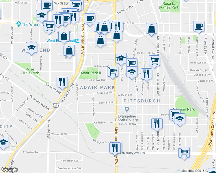 map of restaurants, bars, coffee shops, grocery stores, and more near 900 Oakhill Avenue Southwest in Atlanta
