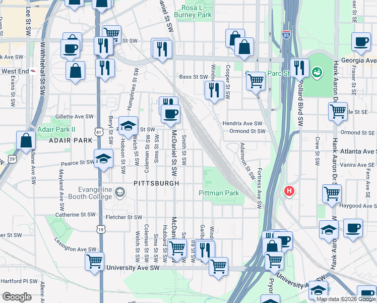 map of restaurants, bars, coffee shops, grocery stores, and more near 380 Gardner Street Southwest in Atlanta