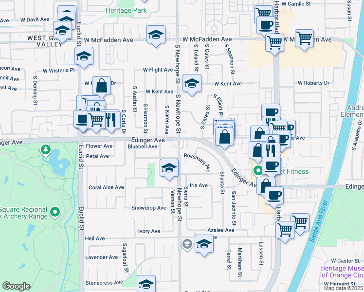 map of restaurants, bars, coffee shops, grocery stores, and more near 16045 Newhope Way in Fountain Valley