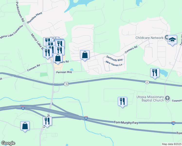 map of restaurants, bars, coffee shops, grocery stores, and more near 501 Permian Way in Villa Rica