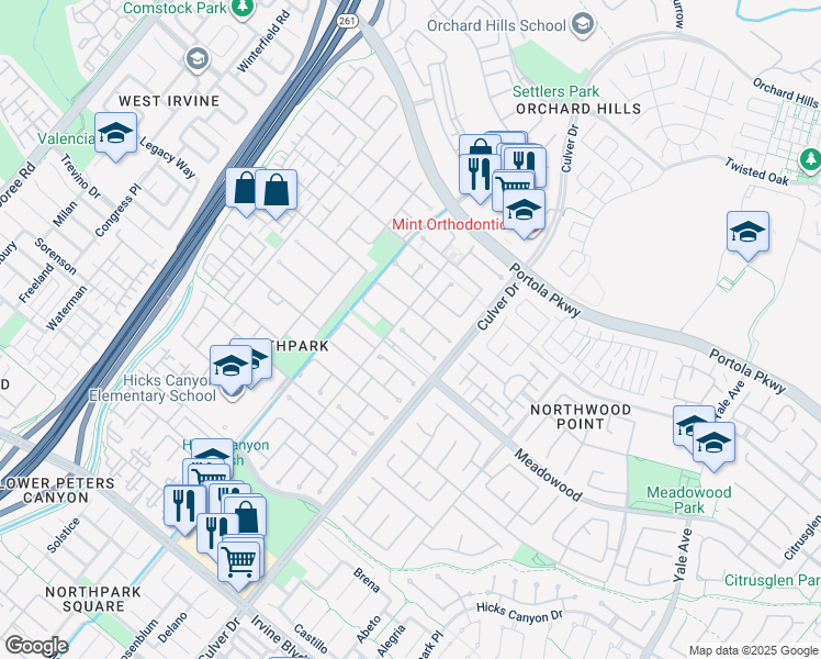 map of restaurants, bars, coffee shops, grocery stores, and more near 19 Riverside in Irvine