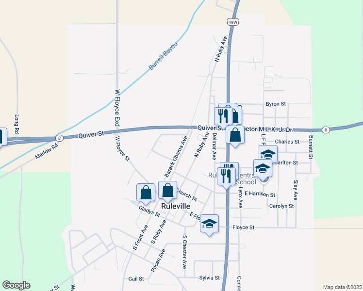 map of restaurants, bars, coffee shops, grocery stores, and more near 356 North Front Street in Ruleville