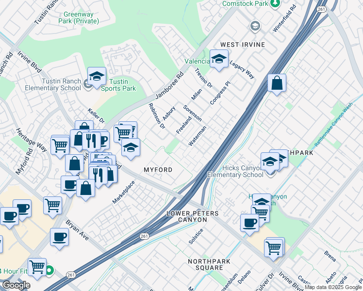 map of restaurants, bars, coffee shops, grocery stores, and more near 23 Crestline in Irvine