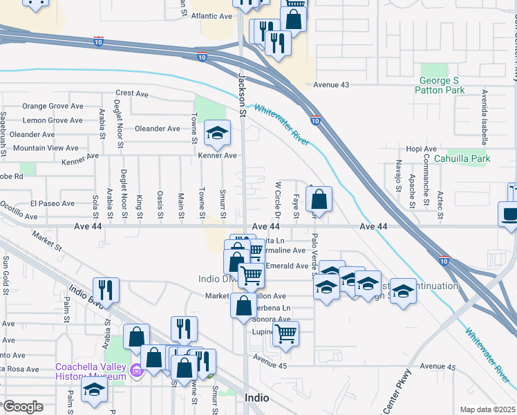 map of restaurants, bars, coffee shops, grocery stores, and more near 43870 Jackson Street in Indio