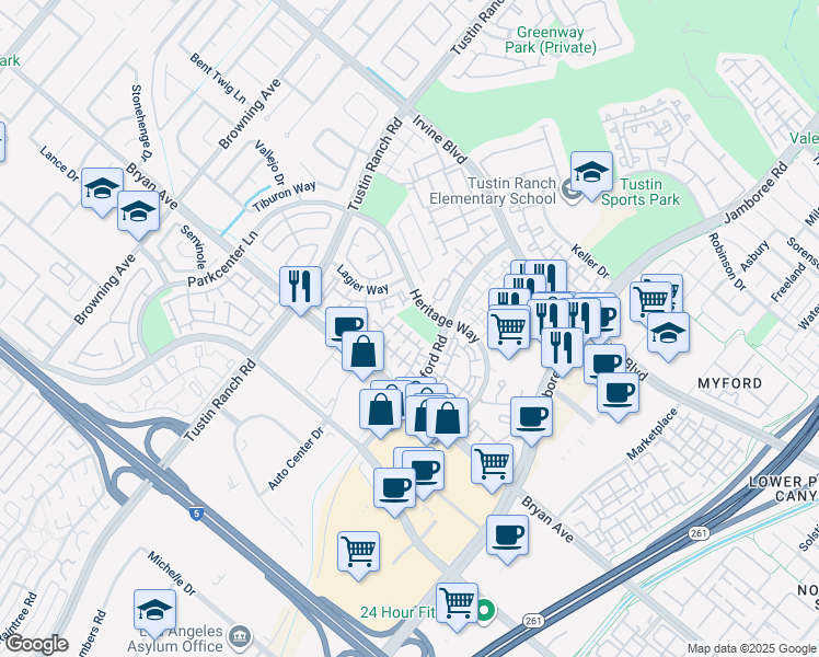 map of restaurants, bars, coffee shops, grocery stores, and more near 13384 North Johnson Court in Tustin