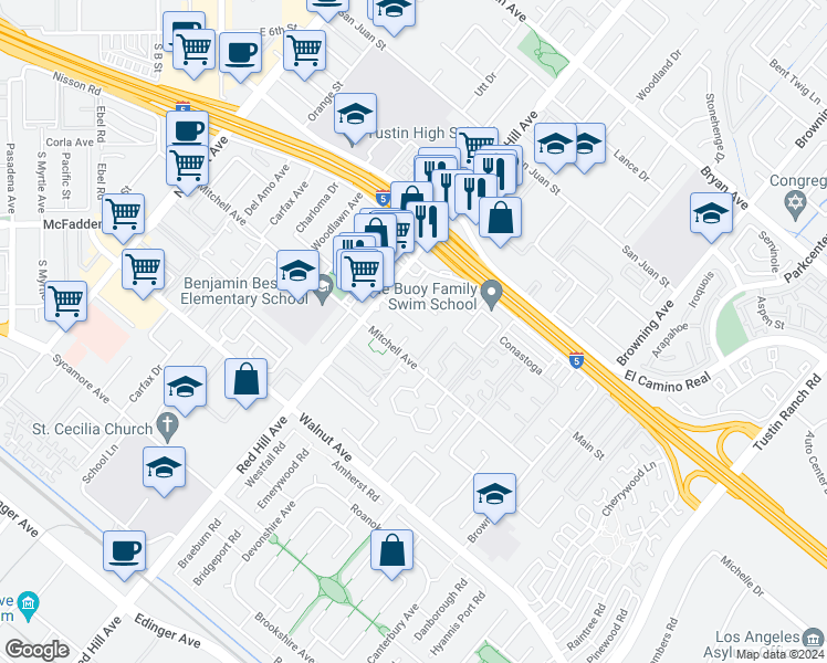 map of restaurants, bars, coffee shops, grocery stores, and more near 14192 Rosalie Place in Tustin