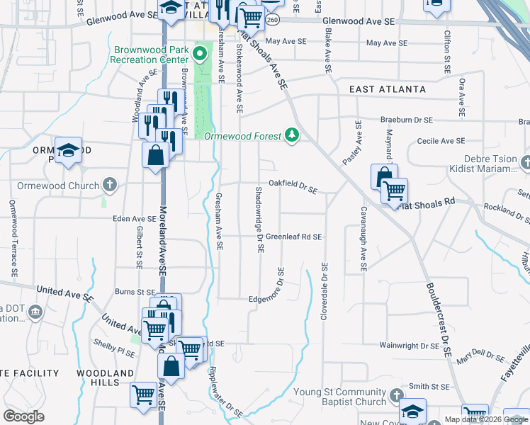 map of restaurants, bars, coffee shops, grocery stores, and more near 864 Shadowridge Drive Southeast in Atlanta