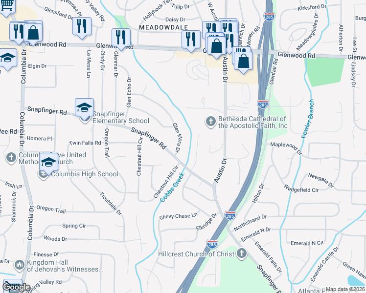 map of restaurants, bars, coffee shops, grocery stores, and more near 3768 Glen Mora Drive in Decatur