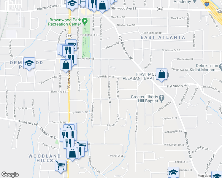 map of restaurants, bars, coffee shops, grocery stores, and more near 864 Shadowridge Drive Southeast in Atlanta