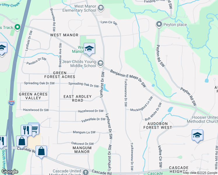 map of restaurants, bars, coffee shops, grocery stores, and more near 930 Lynhurst Drive Southwest in Atlanta
