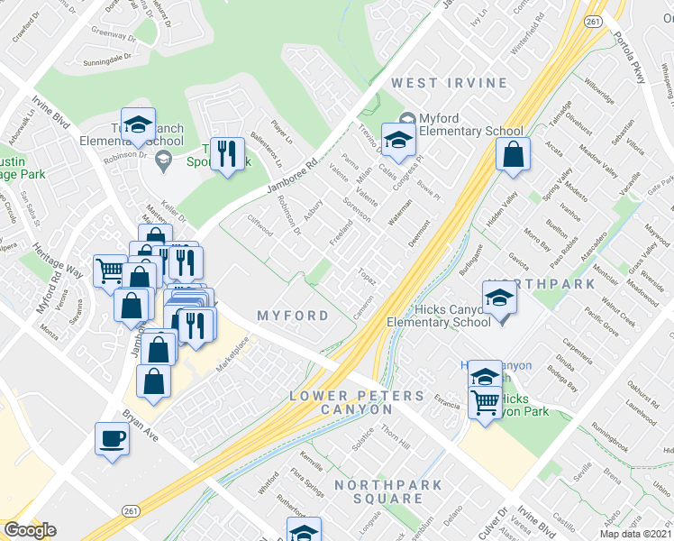map of restaurants, bars, coffee shops, grocery stores, and more near 8 Cliffwood in Irvine