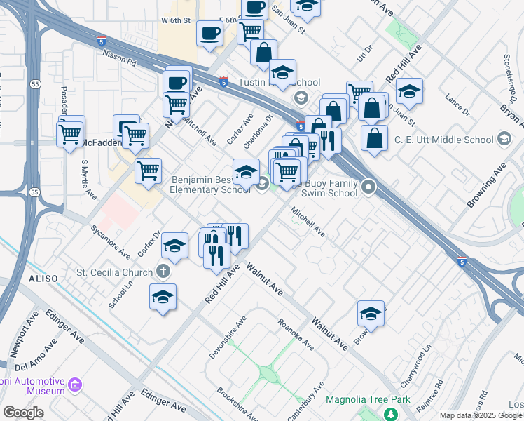 map of restaurants, bars, coffee shops, grocery stores, and more near 14272 Green Valley Drive in Tustin