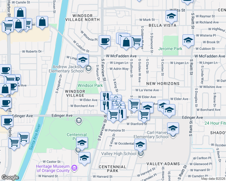 map of restaurants, bars, coffee shops, grocery stores, and more near 2613 West La Verne Avenue in Santa Ana