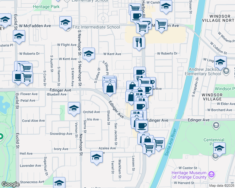 map of restaurants, bars, coffee shops, grocery stores, and more near 16032 Mount Carmel Court in Fountain Valley