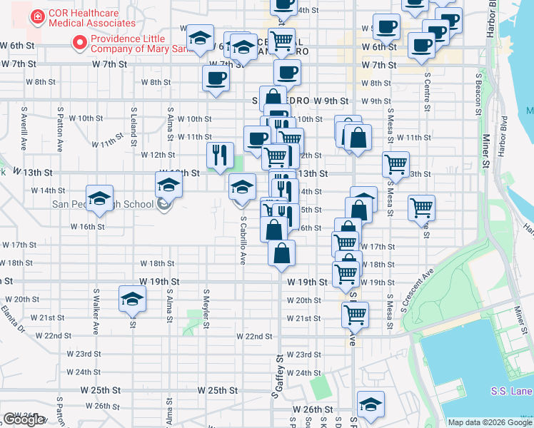 map of restaurants, bars, coffee shops, grocery stores, and more near 721 West 15th Street in Los Angeles