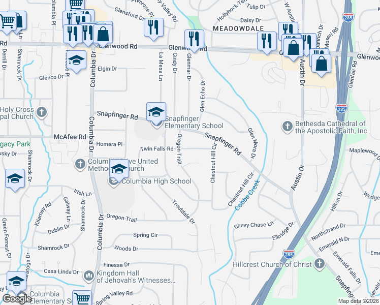 map of restaurants, bars, coffee shops, grocery stores, and more near 3723 Oregon Trail in Decatur