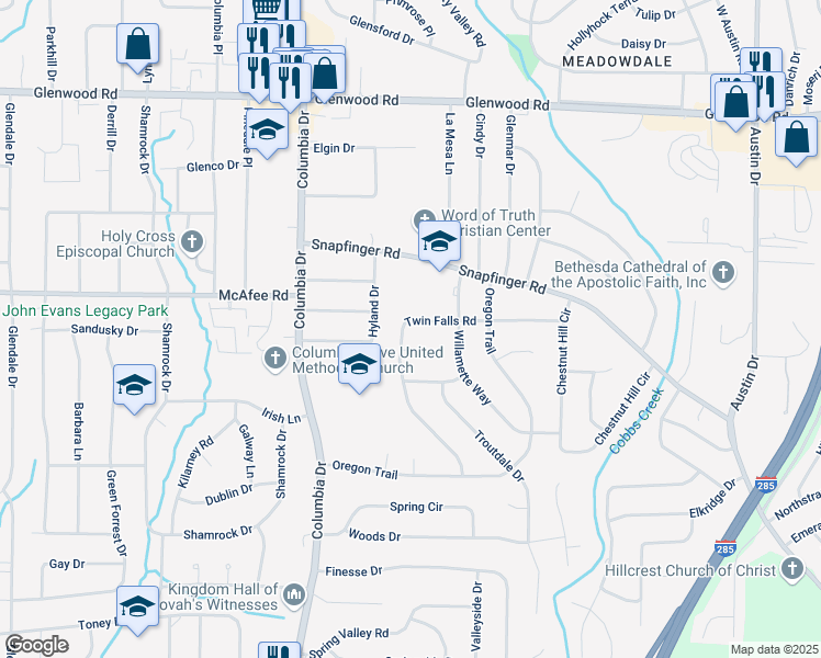 map of restaurants, bars, coffee shops, grocery stores, and more near 2002 Twin Falls Road in Decatur