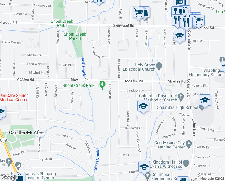 map of restaurants, bars, coffee shops, grocery stores, and more near 2044 Glendale Drive in Decatur