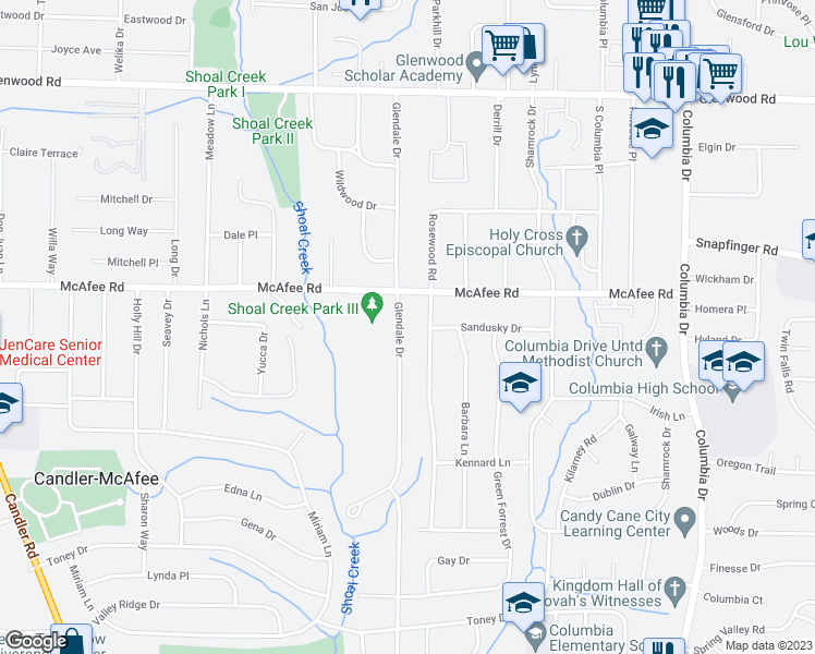 map of restaurants, bars, coffee shops, grocery stores, and more near 2044 Glendale Drive in Decatur