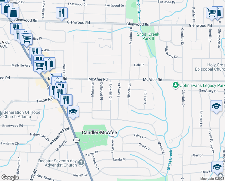 map of restaurants, bars, coffee shops, grocery stores, and more near 2050 Holly Hill Drive in Decatur