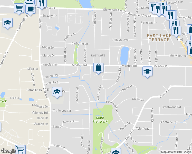 map of restaurants, bars, coffee shops, grocery stores, and more near 2222 Keheley Drive in Decatur