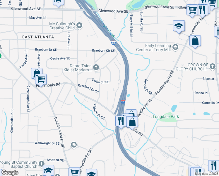 map of restaurants, bars, coffee shops, grocery stores, and more near 2078 Marshalls Lane Southeast in Atlanta