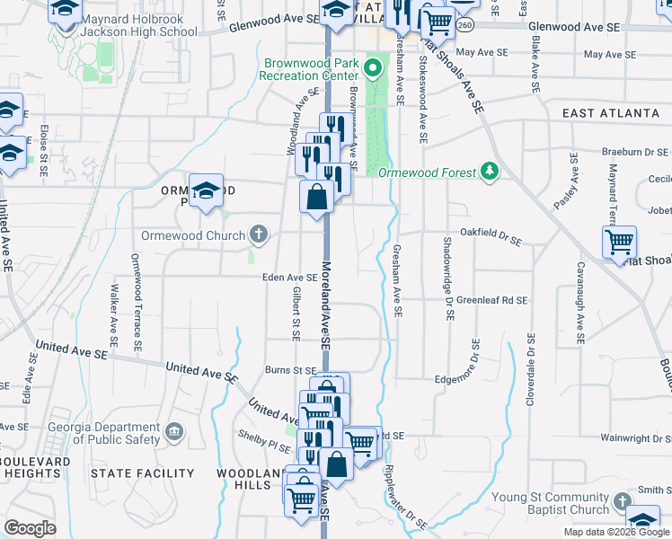 map of restaurants, bars, coffee shops, grocery stores, and more near 883 Moreland Avenue Southeast in Atlanta