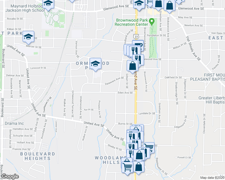 map of restaurants, bars, coffee shops, grocery stores, and more near 1070 Eden Avenue Southeast in Atlanta