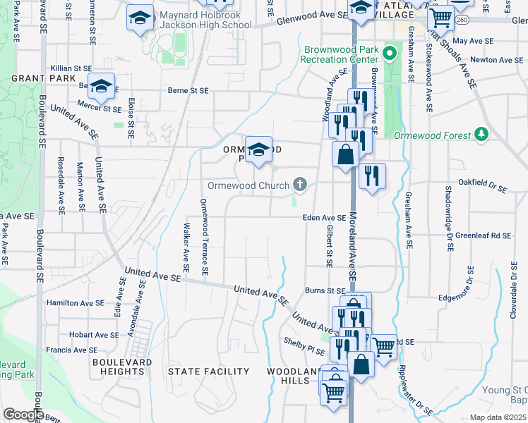 map of restaurants, bars, coffee shops, grocery stores, and more near 1010 Eden Avenue Southeast in Atlanta