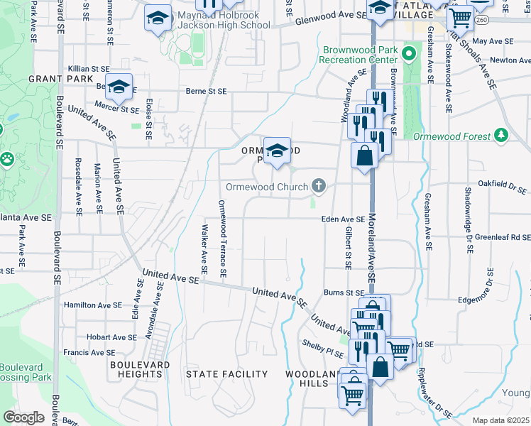 map of restaurants, bars, coffee shops, grocery stores, and more near 978 Eden Avenue Southeast in Atlanta