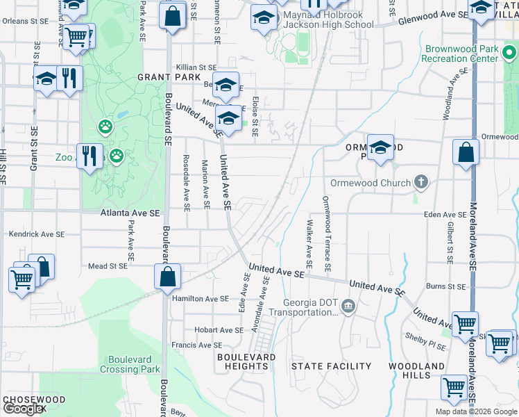 map of restaurants, bars, coffee shops, grocery stores, and more near 862 Commonwealth Avenue Southeast in Atlanta
