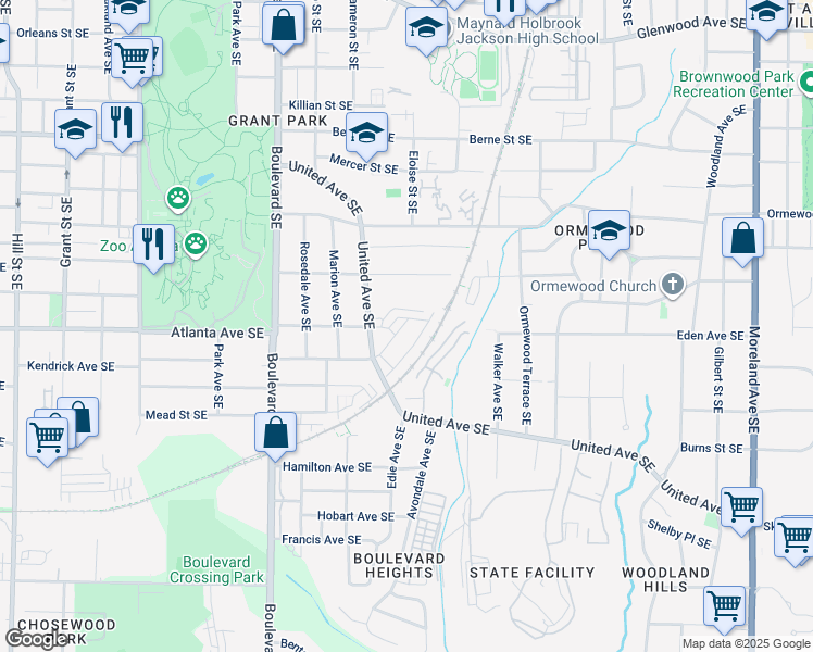 map of restaurants, bars, coffee shops, grocery stores, and more near 857 Charles Bank Avenue Southeast in Atlanta