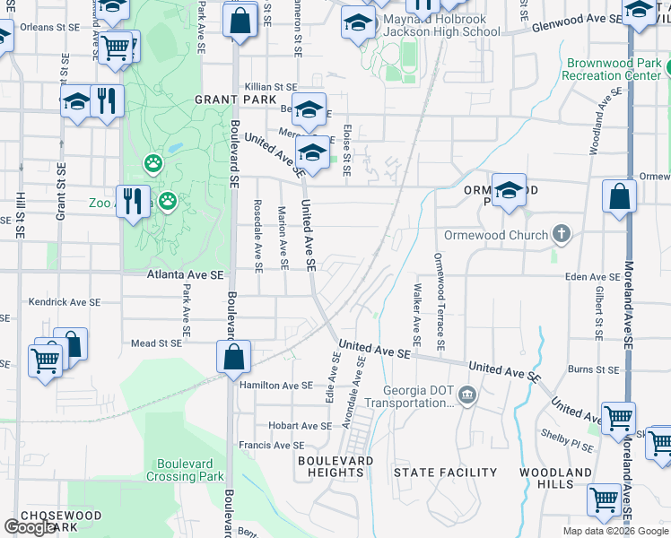 map of restaurants, bars, coffee shops, grocery stores, and more near 857 Charles Bank Avenue Southeast in Atlanta