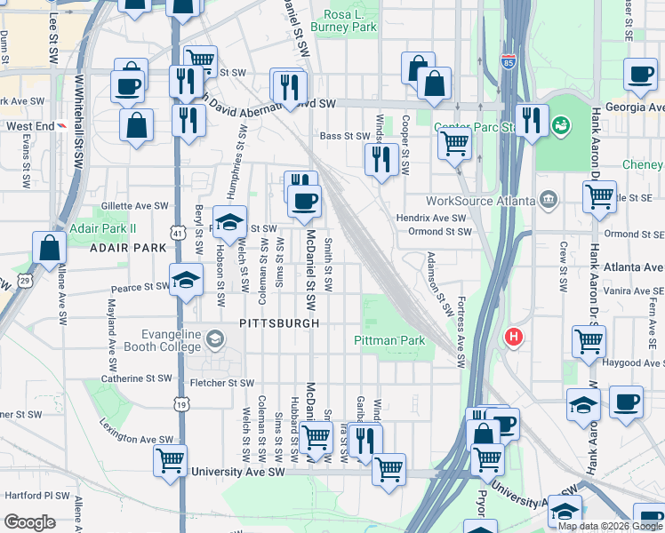 map of restaurants, bars, coffee shops, grocery stores, and more near 380 Gardner Street Southwest in Atlanta