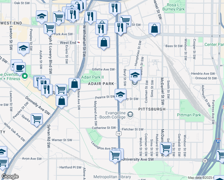 map of restaurants, bars, coffee shops, grocery stores, and more near 900 Oakhill Avenue Southwest in Atlanta