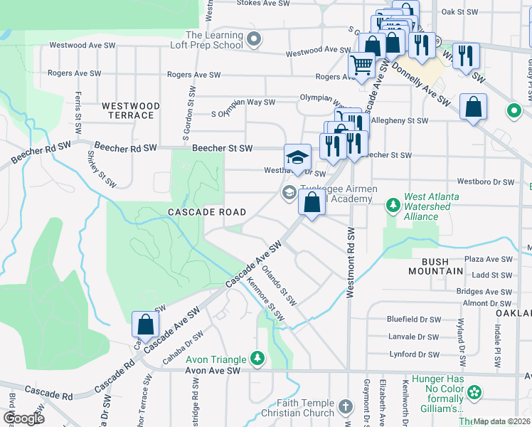 map of restaurants, bars, coffee shops, grocery stores, and more near 1679 Altadena Place Southwest in Atlanta
