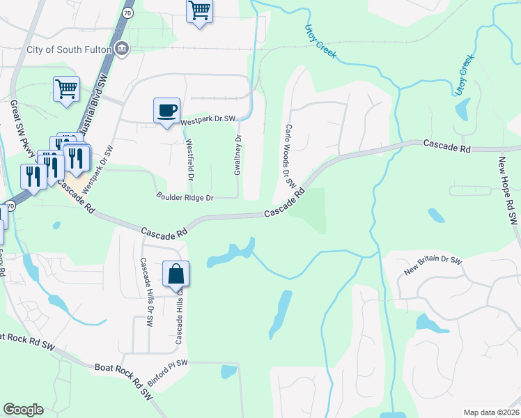 map of restaurants, bars, coffee shops, grocery stores, and more near 5165 Cascade Road in Atlanta