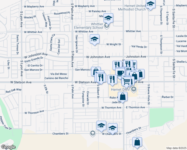 map of restaurants, bars, coffee shops, grocery stores, and more near 1025 South Gilbert Street in Hemet