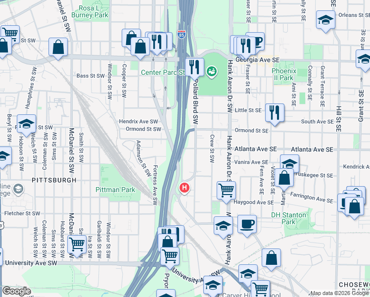 map of restaurants, bars, coffee shops, grocery stores, and more near 181 Atlanta Avenue Southwest in Atlanta