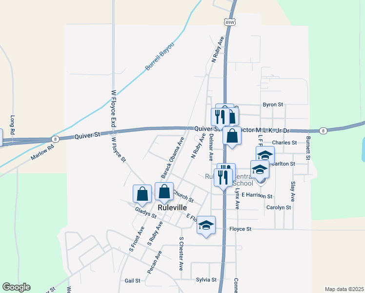 map of restaurants, bars, coffee shops, grocery stores, and more near 356 North Front Street in Ruleville