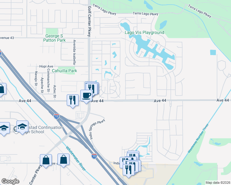 map of restaurants, bars, coffee shops, grocery stores, and more near 84136 Avenue 44 in Indio