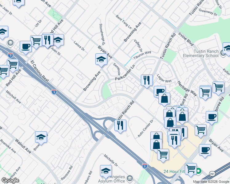 map of restaurants, bars, coffee shops, grocery stores, and more near 2196 Evergreen Drive in Tustin
